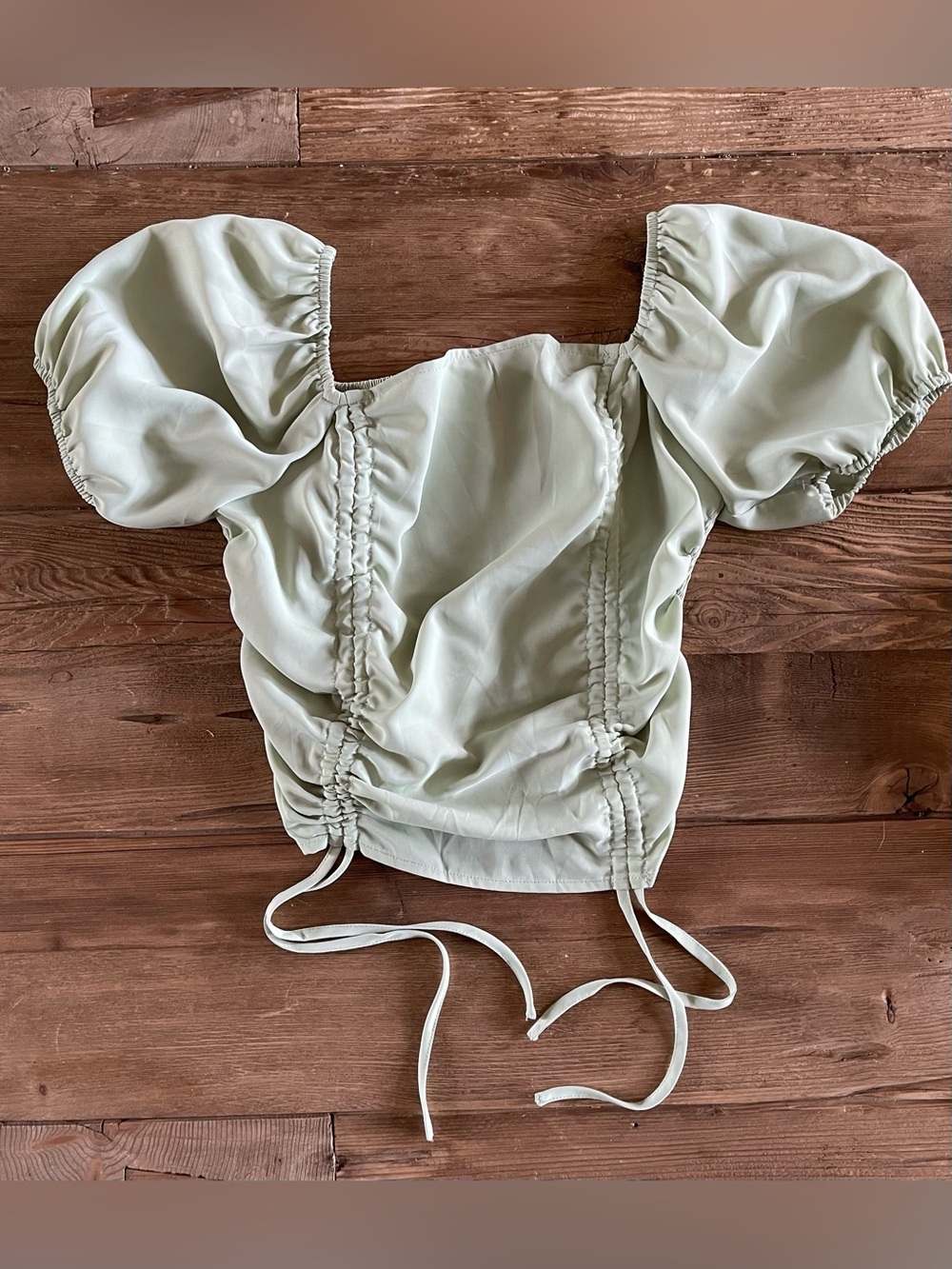 Sage Green Ruched Drawstring Puff Sleeve Crop Top Size Large